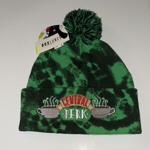 NWT BoxLunch Central Perk Green Black Beanie Tie dye hat with Pom-Pom